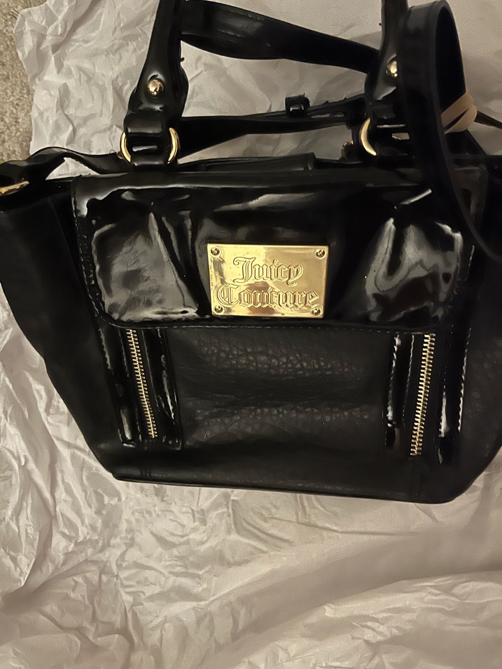 Juicy Couture Black Patent Shoulder Bag with Gold Plaque